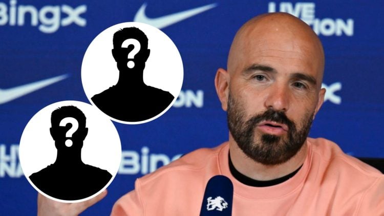 Chelsea manager Enzo Maresca in a press conference. Inset one, mystery football player. Inset two, mystery football player