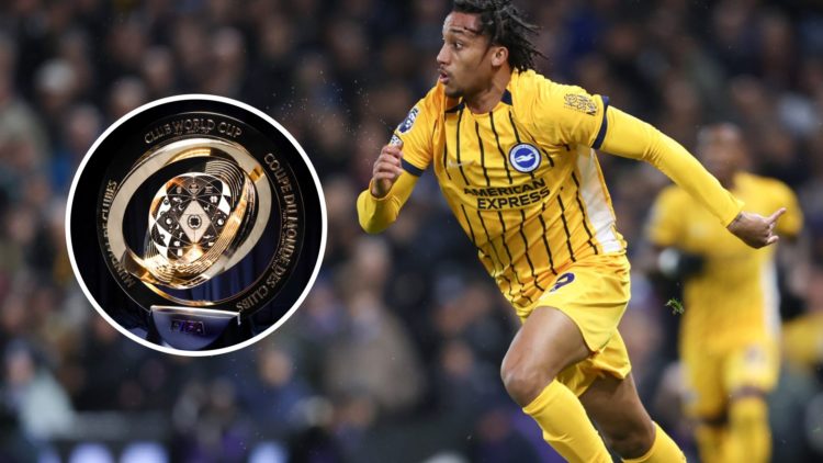 Joao Pedro playing for Brighton in the Premier League. Inset, the Club World Cup trophy