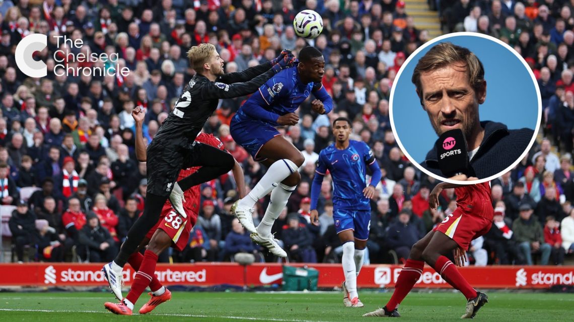Liverpool goalkeeper Caoimhin Kelleher competing against Chelsea defender Tosin Adarabioyo, inset Peter Crouch holding microphone