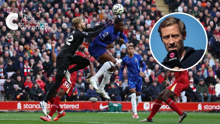 Liverpool goalkeeper Caoimhin Kelleher competing against Chelsea defender Tosin Adarabioyo, inset Peter Crouch holding microphone