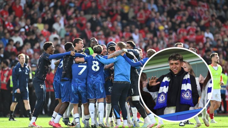 Players of Chelsea celebrate after qualifying for the Champions League, after defeating Nottingham Forest during the Premier League match between N...