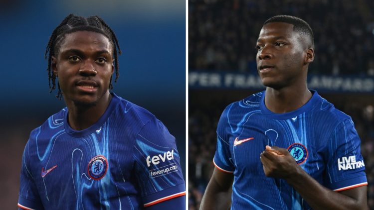 Picture one Romeo Lavia playing for Chelsea. Picture two Moises Caicedo playing for Chelsea.