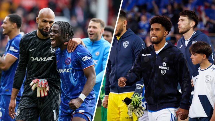 Chelsea's Robert Sanchez celebrates qualifying for next season's Champions League with team mate Romeo Lavia. Andrey Santos of Strasbourg getting i...