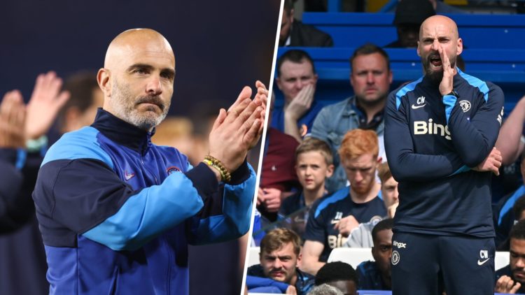 Split image - Enzo Maresca applauds fans after Chelsea's win vs Man United and Willy Caballero giving instructions during Chelsea's win vs Everton
