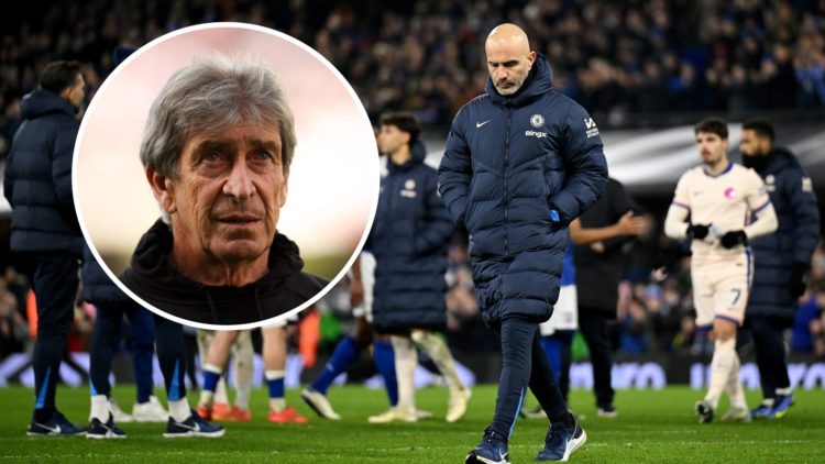Enzo Maresca sad after Chelsea's loss to Ipswich, inset Manuel Pellegrini looks on prior to the La Liga match between Rayo Vallecano and Real Betis