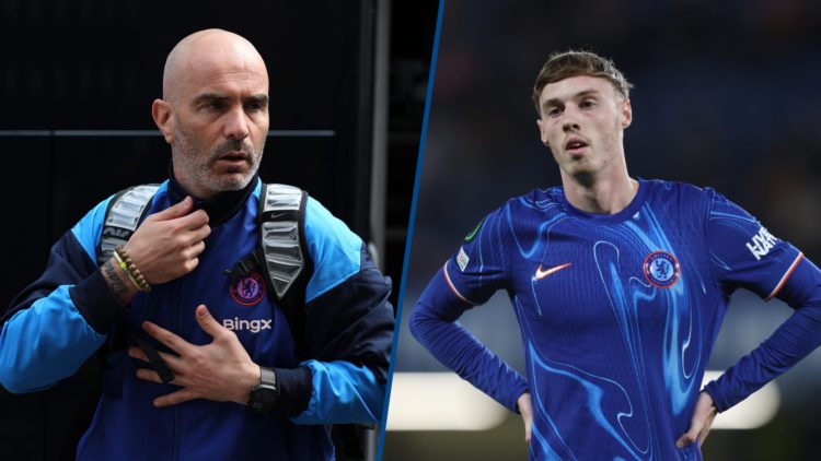 Split image - Chelsea manager Enzo Maresca arriving at game and Cole Palmer with hands on his waist