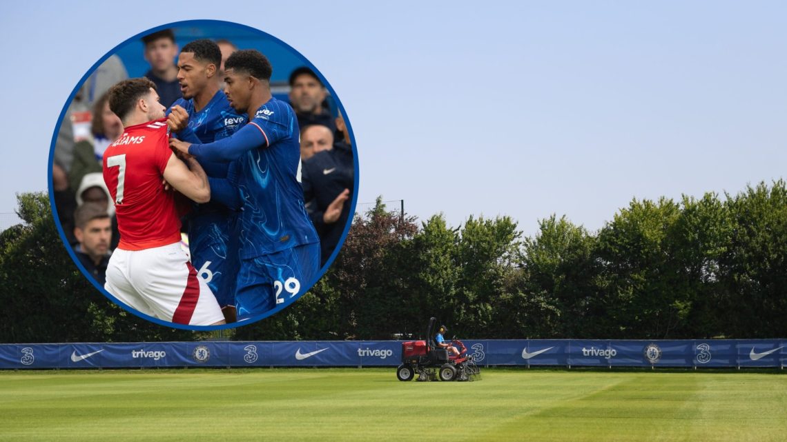 View of one pitch at Chelsea's Cobham training ground, inset Chelsea's Levi Colwill and Nottingham Forest's Neco Williams square up to each other