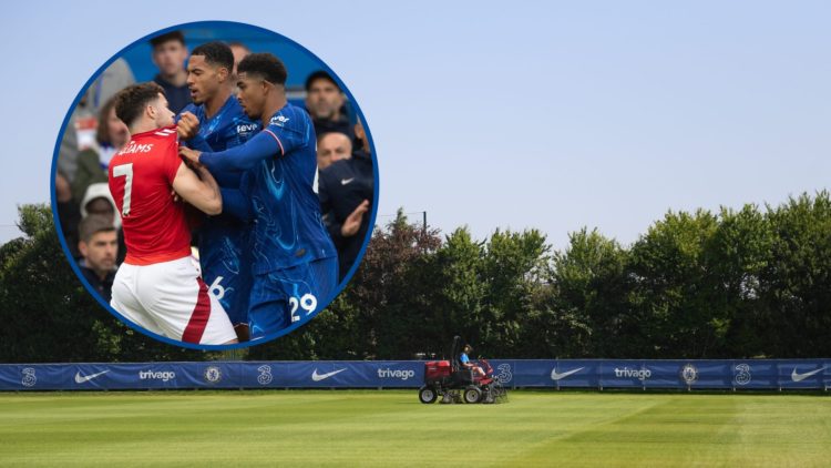 View of one pitch at Chelsea's Cobham training ground, inset Chelsea's Levi Colwill and Nottingham Forest's Neco Williams square up to each other