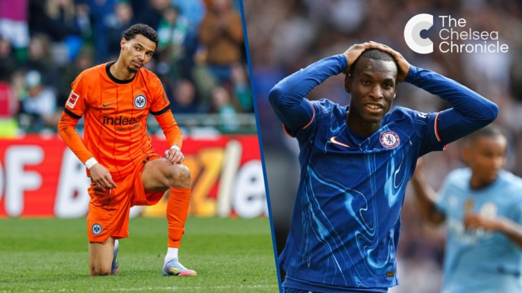 Split image - Hugo Ekitike during match between Werder Bremen and Eintracht Frankfurt and Nicolas Jackson during match between Chelsea and Man City