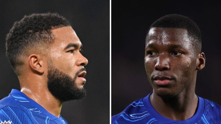 Picture one Reece James playing for Chelsea in the Premier League. Picture two Moises Caicedo Reece James playing for Chelsea in the Premier League