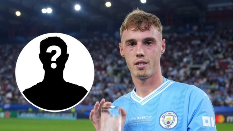 Cole Palmer playing for Manchester City in the UEFA Super Cup. Inset, mystery football player