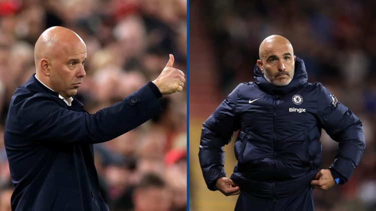 Split image - Liverpool manager Arne Slot giving the thumbs up and Enzo Maresca during Chelsea's match against Bournemouth