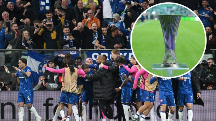 Cole Palmer of Chelsea is congratulated by team mates Nicolas Jackson (not pictured) scores his team's second goal. The trophy for the winner of th...