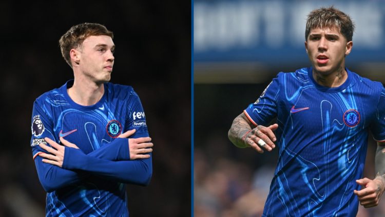 Split image - Chelsea attacker Cole Palmer celebrating goal and Enzo Fernandez jogging