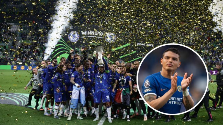 Thiago Silva reacts during Chelsea FC v AFC Bournemouth - Premier League. Chelsea lift Conference League trophy after Real Betis v Chelsea FC - UEF...
