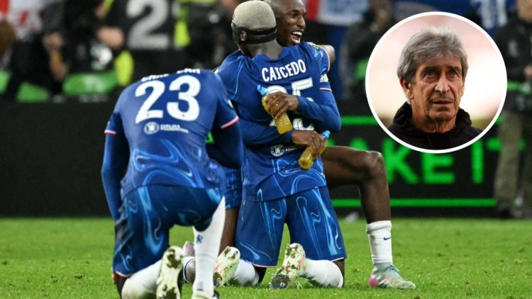 Chelsea duo Moises Caicedo and Nicolas Jackson celebrating after beating Real Betis, inset Manuel Pellegrini looks on prior to the La Liga match be...