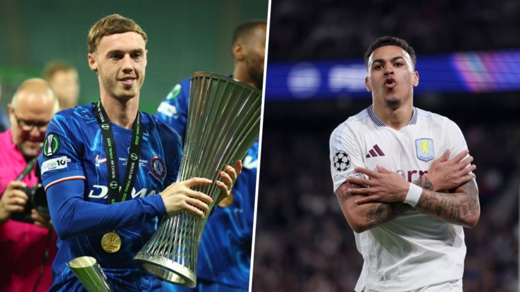 Cole Palmer holds the trophy after Real Betis Balompie v Chelsea FC - UEFA Conference League Final 2025. Morgan Rogers celebrates during Paris Sain...