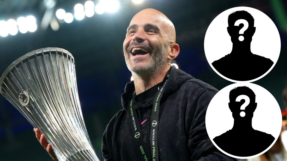 Chelsea manager Enzo Maresca holding the Conference League trophy. Inset one, mystery football player. Inset two, mystery football playerzzz