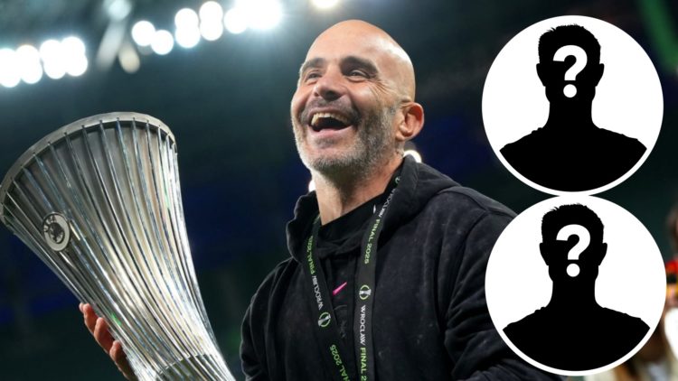 Chelsea manager Enzo Maresca holding the Conference League trophy. Inset one, mystery football player. Inset two, mystery football playerzzz