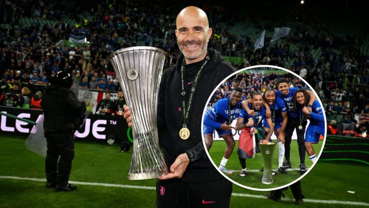 Enzo Maresca holds the trophy after Real Betis Balompie v Chelsea FC - UEFA Conference League Final 2025. Benoit Badiashile. Malo Gusto, Christophe...