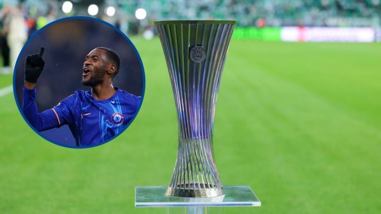 Conference League trophy on display, inset Chelsea defender Tosin Adarabioyo celebrating goal against Morecambe