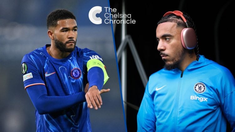 Split image - Chelsea defender Reece James adjusting captain's armband and Malo Gusto arriving for Chelsea's game against Fulham