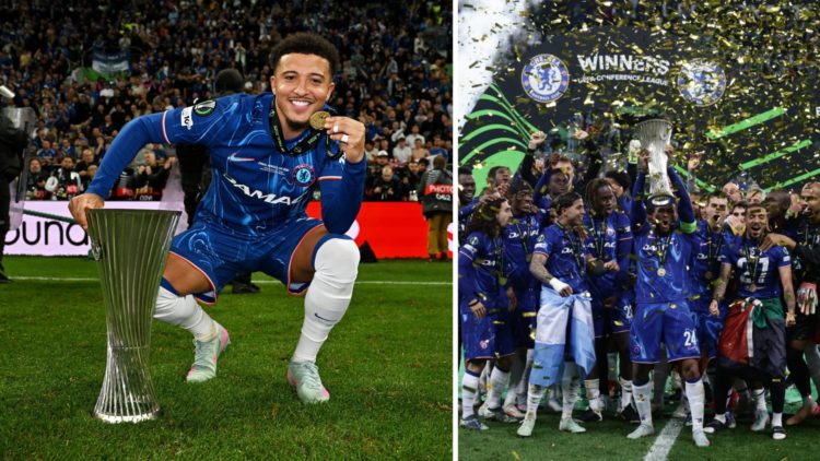 Picture one Chelsea winger Jadon Sancho celebrates with the trophy after winning the Conference League. Picture two Chelsea's players lifting the C...
