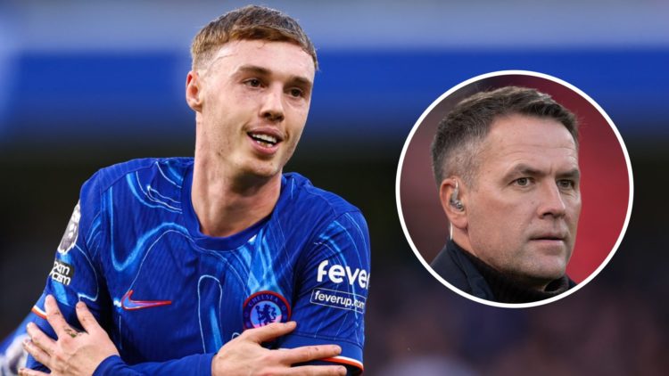 Cole Palmer playing for Chelsea in the Premier League. Inset, pundit Michael Owen