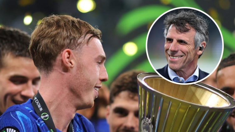 Chelsea star Cole Palmer with the Conference League trophy after winning the final against Real Betis. Inset. Chelsea legend Gianfranco Zola