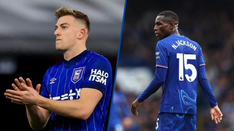 Split image - Liam Delap applauding Ipswich Town fans and Nicolas Jackson during Chelsea vs Nottingham Forest