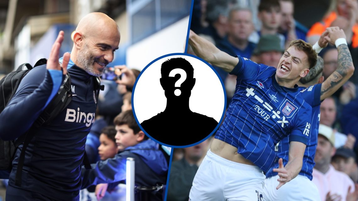 Split image - Chelsea manager Enzo Maresca arriving at game and Ipswich striker Liam Delap celebrating goal, inset mystery player