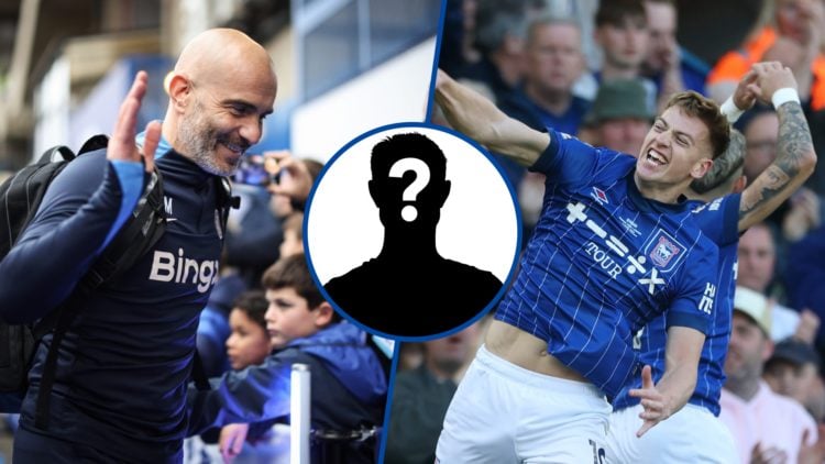 Split image - Chelsea manager Enzo Maresca arriving at game and Ipswich striker Liam Delap celebrating goal, inset mystery player