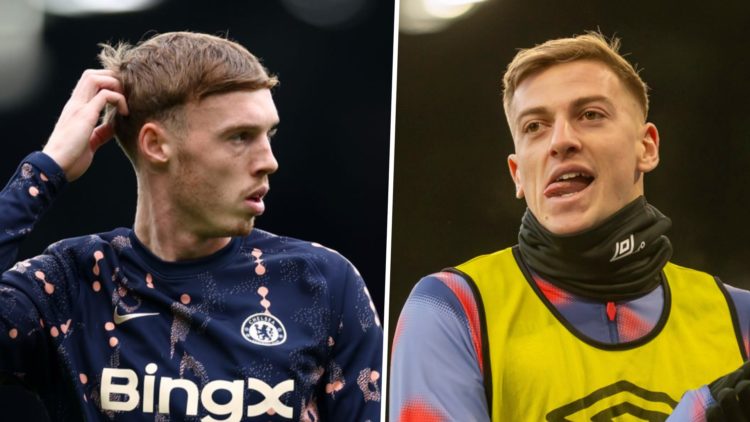 Picture one Chelsea star Cole Palmer warming up for a Premier League match. Picture two Ipswich Town striker Liam Delap warming up in the FA Cupz