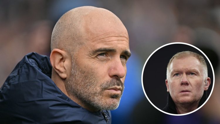 Chelsea manager Enzo Maresca looking on during a Premier League match. Inset, Paul Scholes as a pundit