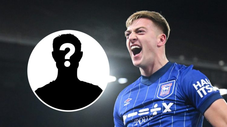 Ipswich Town striker Liam Delap against Chelsea in the Premier League. Inset, mystery football player
