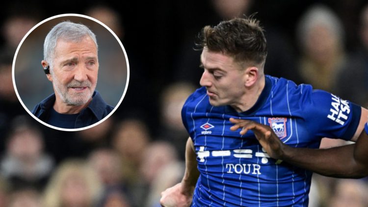 Ipswich Town striker Liam Delap playing against Chelsea in the Premier League. Inset, Graeme Souness as a TV pundit