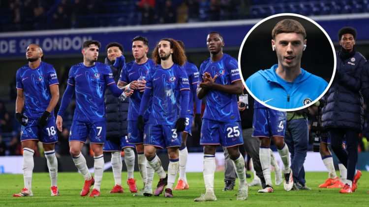 Chelsea players applauding fans after game, inset of Cole Palmer wearing earphones