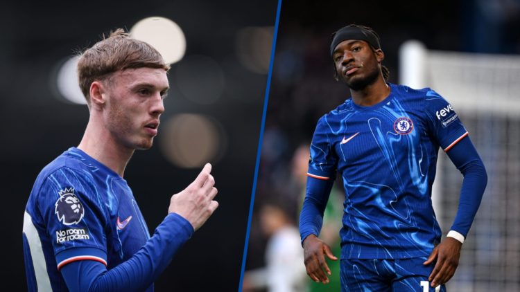 Split image - Chelsea star Cole Palmer during Premier League game and Noni Madueke with serious expression on face