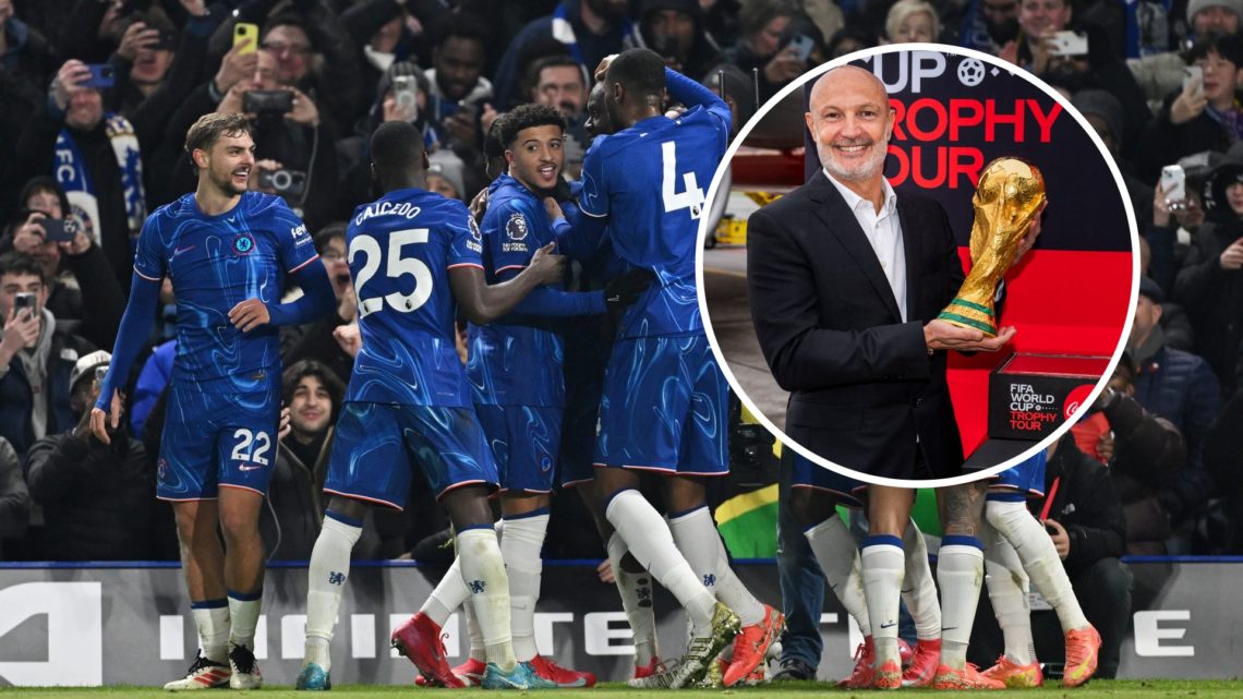 Chelsea players celebrating goal, inset Frank Leboeuf holding World Cup