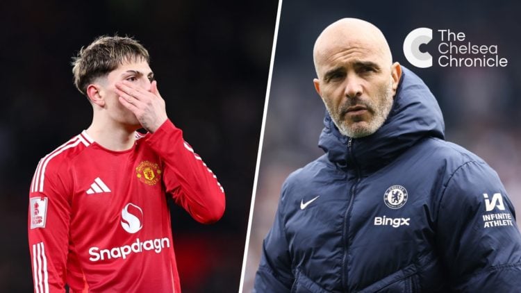 Split image - Manchester United winger Alejandro Garnacho covering mouth and Chelsea manager Enzo Maresca focusing