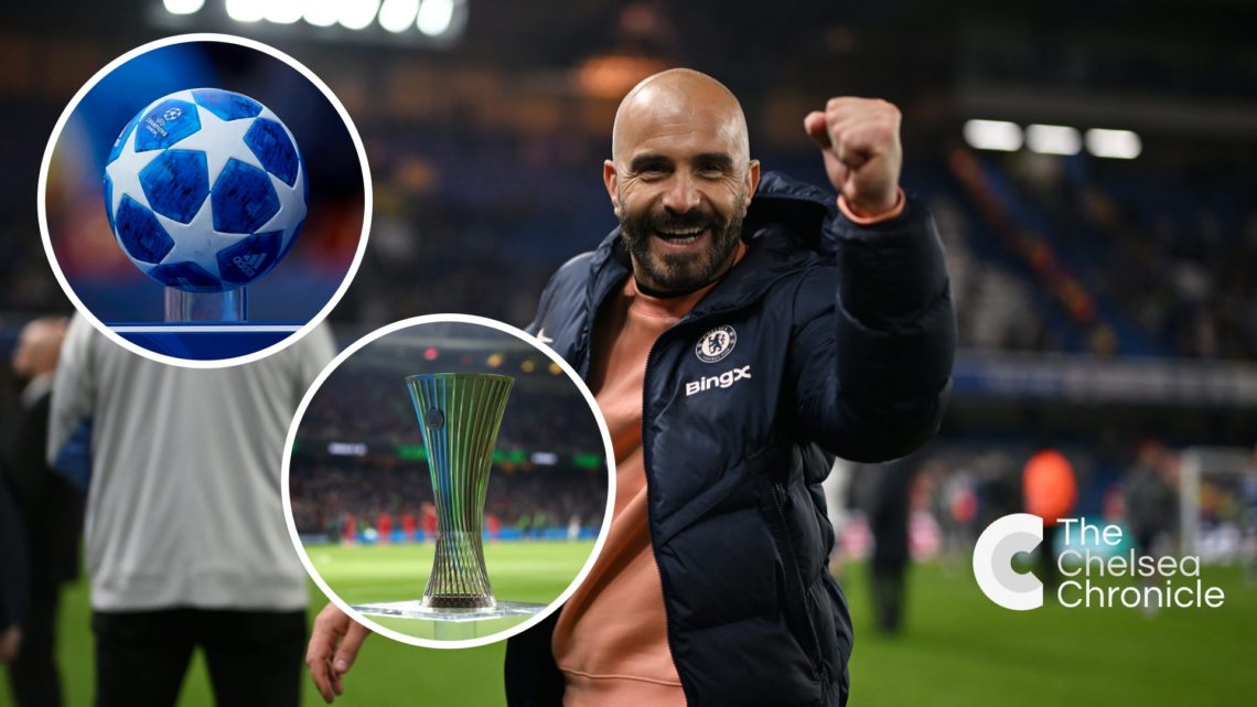 Chelsea manager Enzo Maresca celebrating, inset Champions League ball and Conference League trophy