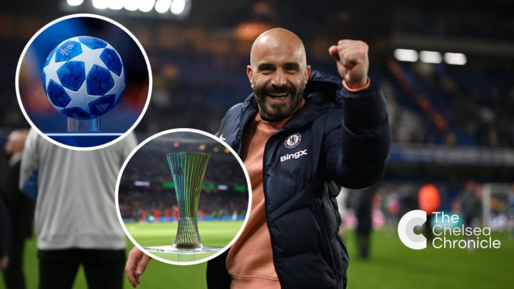 Chelsea manager Enzo Maresca celebrating, inset Champions League ball and Conference League trophy