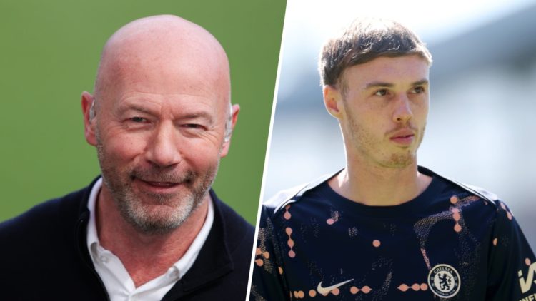 Split image - Newcastle United legend Alan Shearer smiling and Chelsea star Cole Palmer during warm up