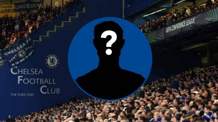 Chelsea fans at Stamford Bridge, inset mystery player