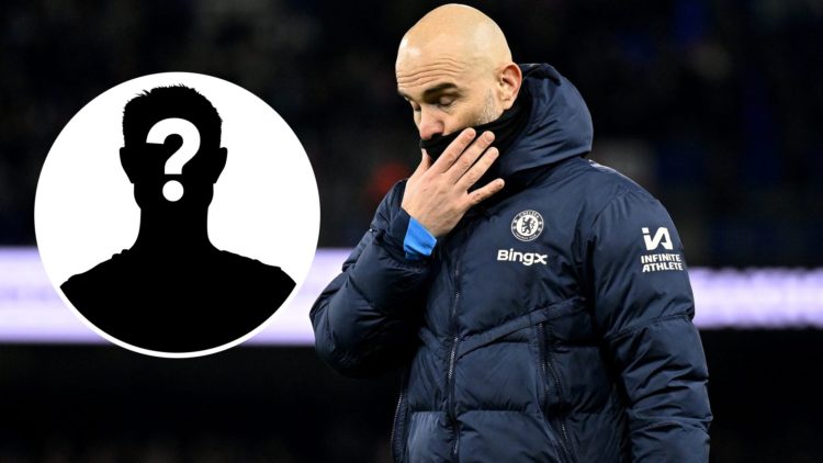 Chelsea manager Enzo Maresca looking disappointed, inset mystery player