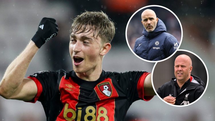 Dean Huijsen playing for Bournemouth in the Premier League. Inset one, Chelsea manager Enzo Maresca. Inset two, Liverpool manager Arne Slot