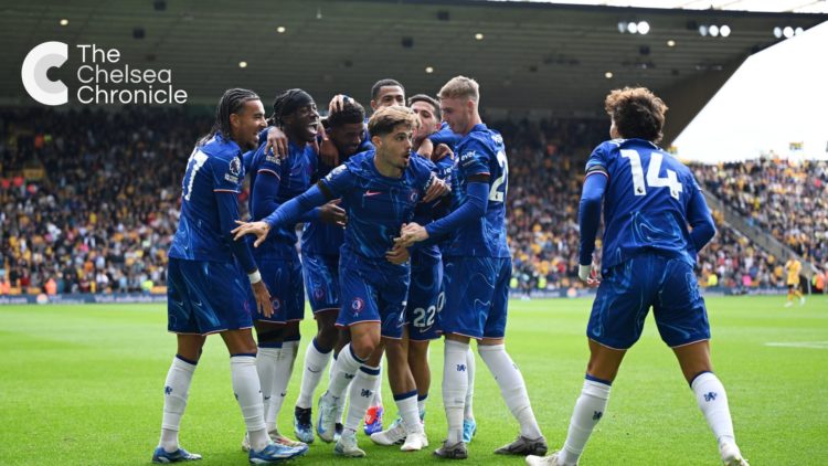 Chelsea players celebrating goal against Wolves