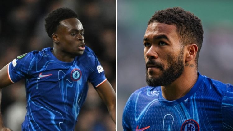 Picture one Tyrique George playing for Chelsea in the Conference League. Picture two Reece James playing for Chelsea in the Conference League