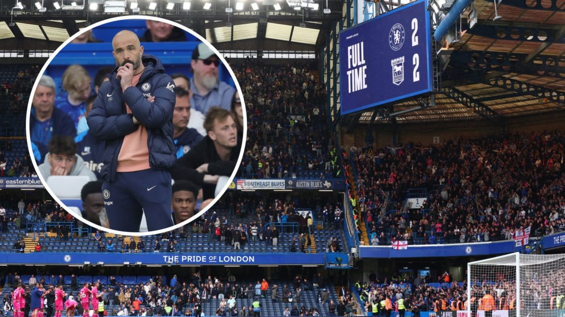 Stamford Bridge at the end of Chelsea's 2-2 draw with Ipswich Town, inset Enzo Maresca deep in thought