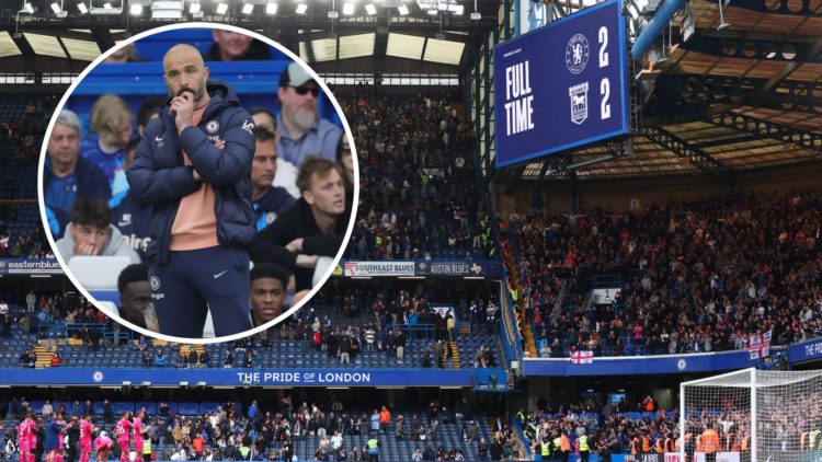 Stamford Bridge at the end of Chelsea's 2-2 draw with Ipswich Town, inset Enzo Maresca deep in thought